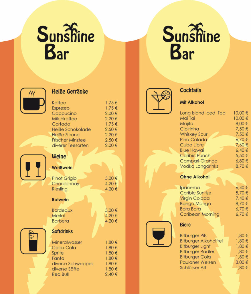 Getränkekarte Sunshine Bar